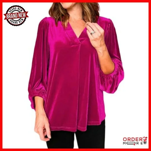 Velvet V-Neck Puff Sleeve Tunic Top - Loose Fit Fall Winter - Picture 3 of 5